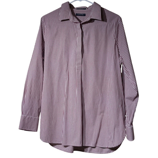 Lands' End Burgundy Check No Iron Supima Popover Long Sleeve Half Button Tunic