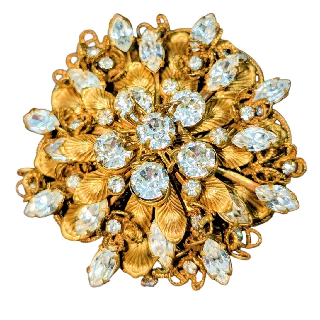 Vintage Signed Amourelle Frank Hess Jeweled Lacy Filigree Brooch