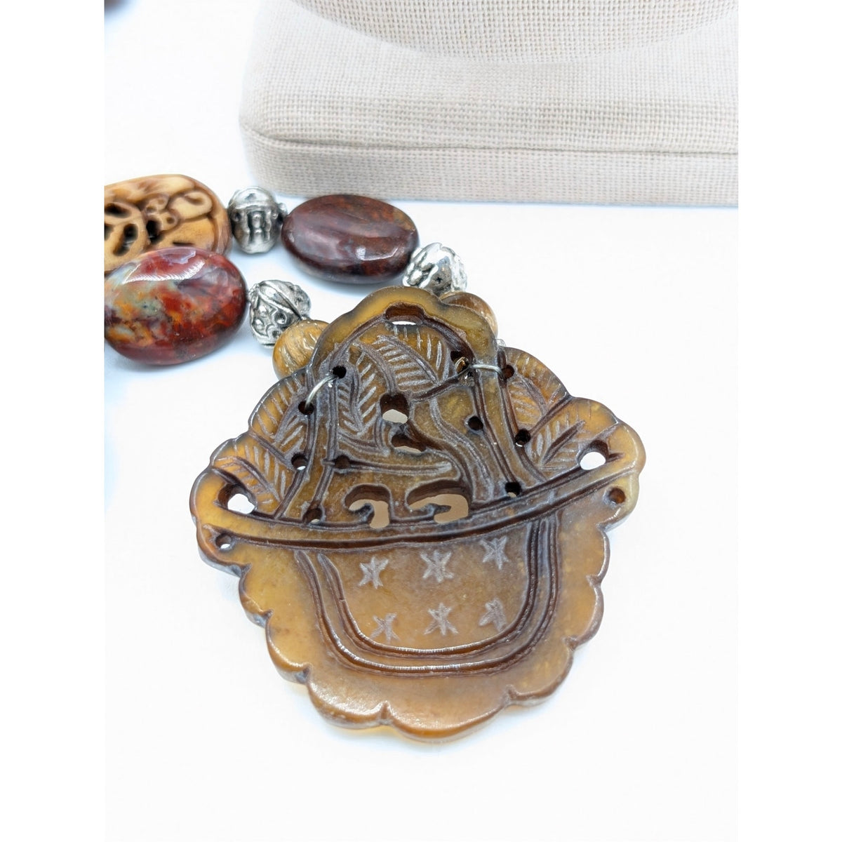 Silver Tone Jasper & Tiger's Eye Carved Resin & Carved Stone Pendant Necklace