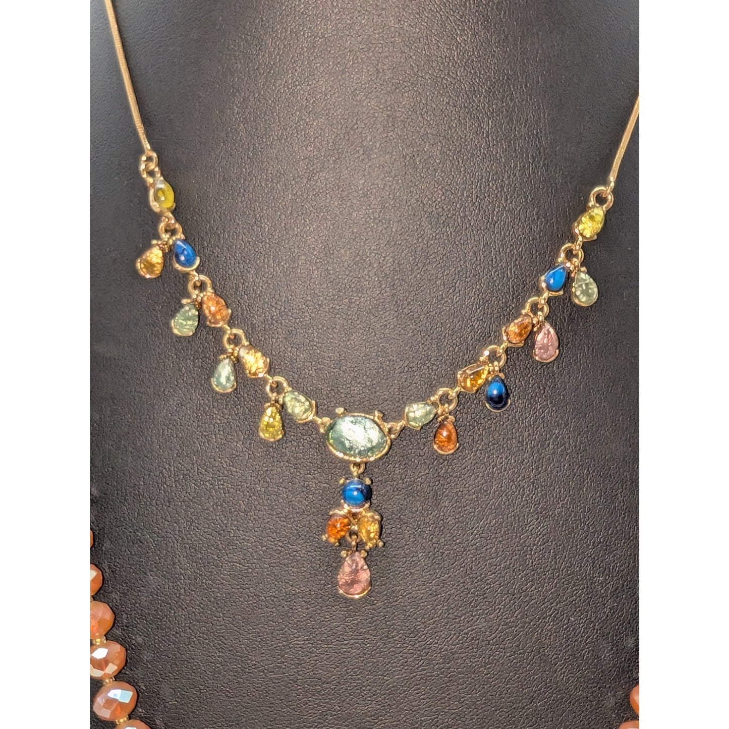 Lot of Two Gold Tone Orange Theme Crystal Tassel Y-Drop Necklaces