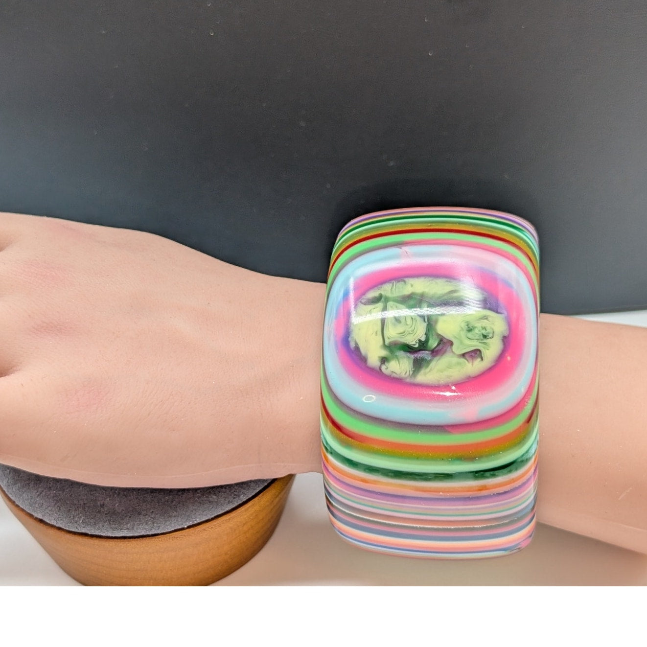 Carlos Sobral, Brazil, RARE! Signed Wide Rainbow Stripe Resin Bangle Bracelet