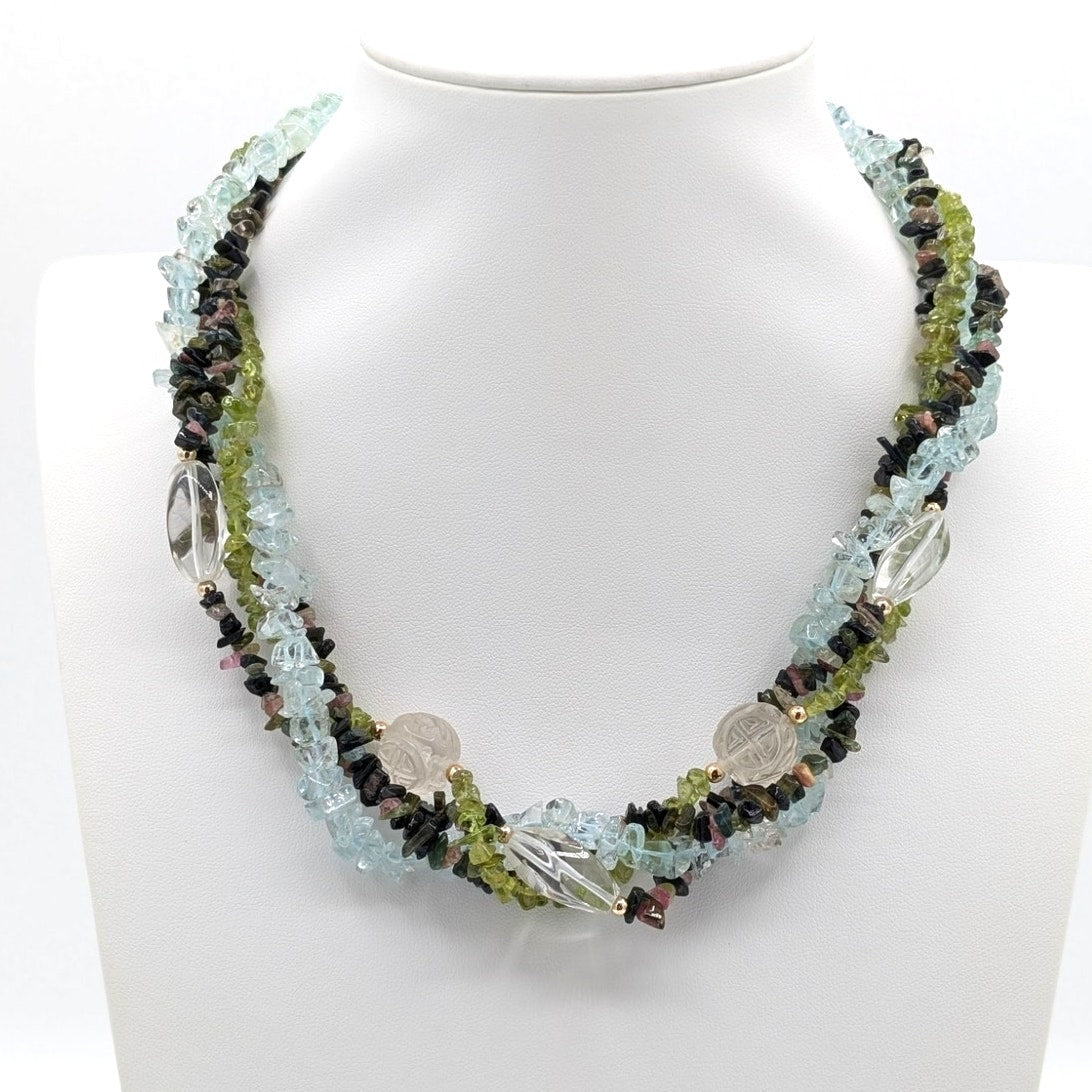 Torsade Strands Topaz Chip & Carved Peridot & Multi Gem Gold Tone Clasp Necklace