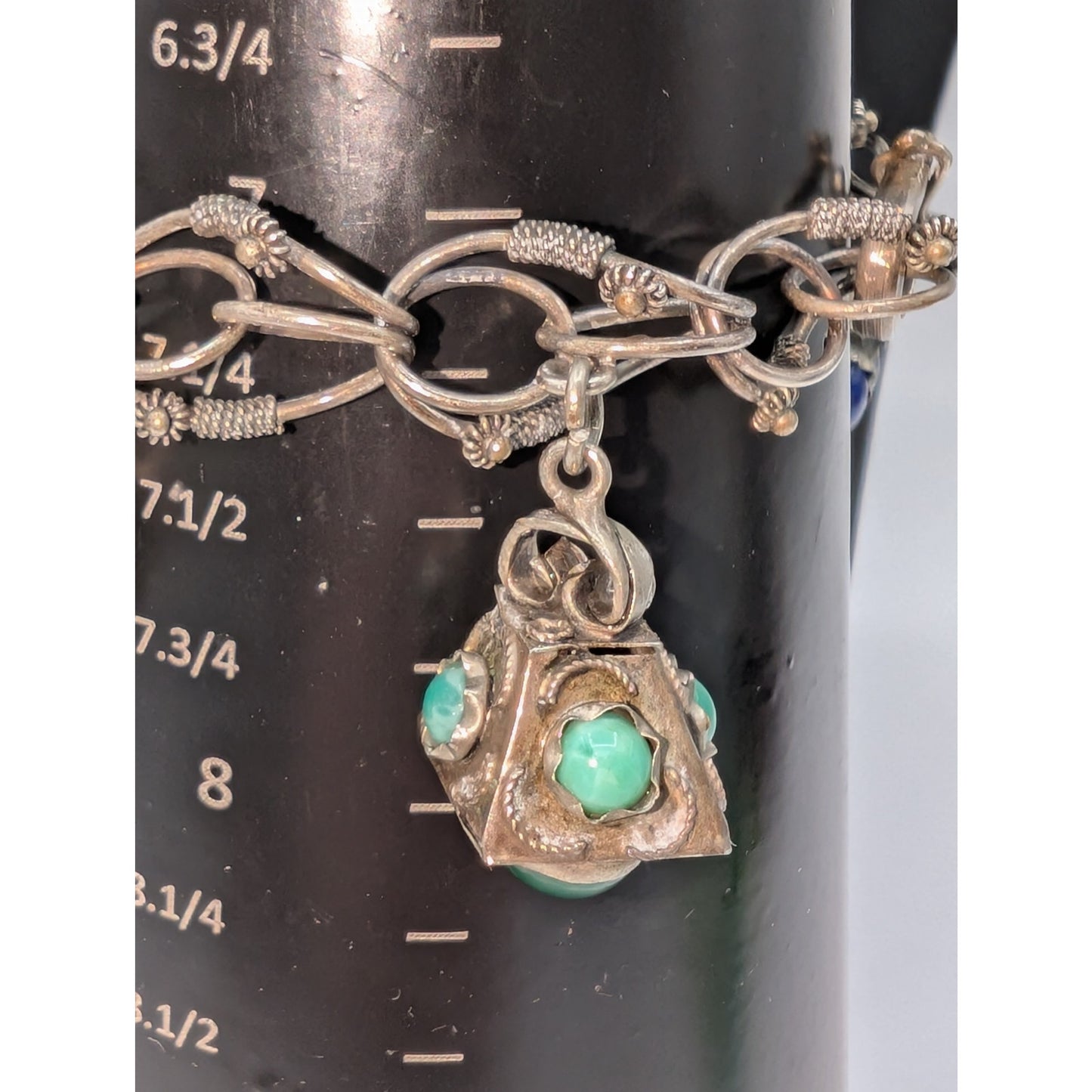 Antique Etruscan Revival 800 Silver Ornate Multi-Stone Charm Fob Bracelet
