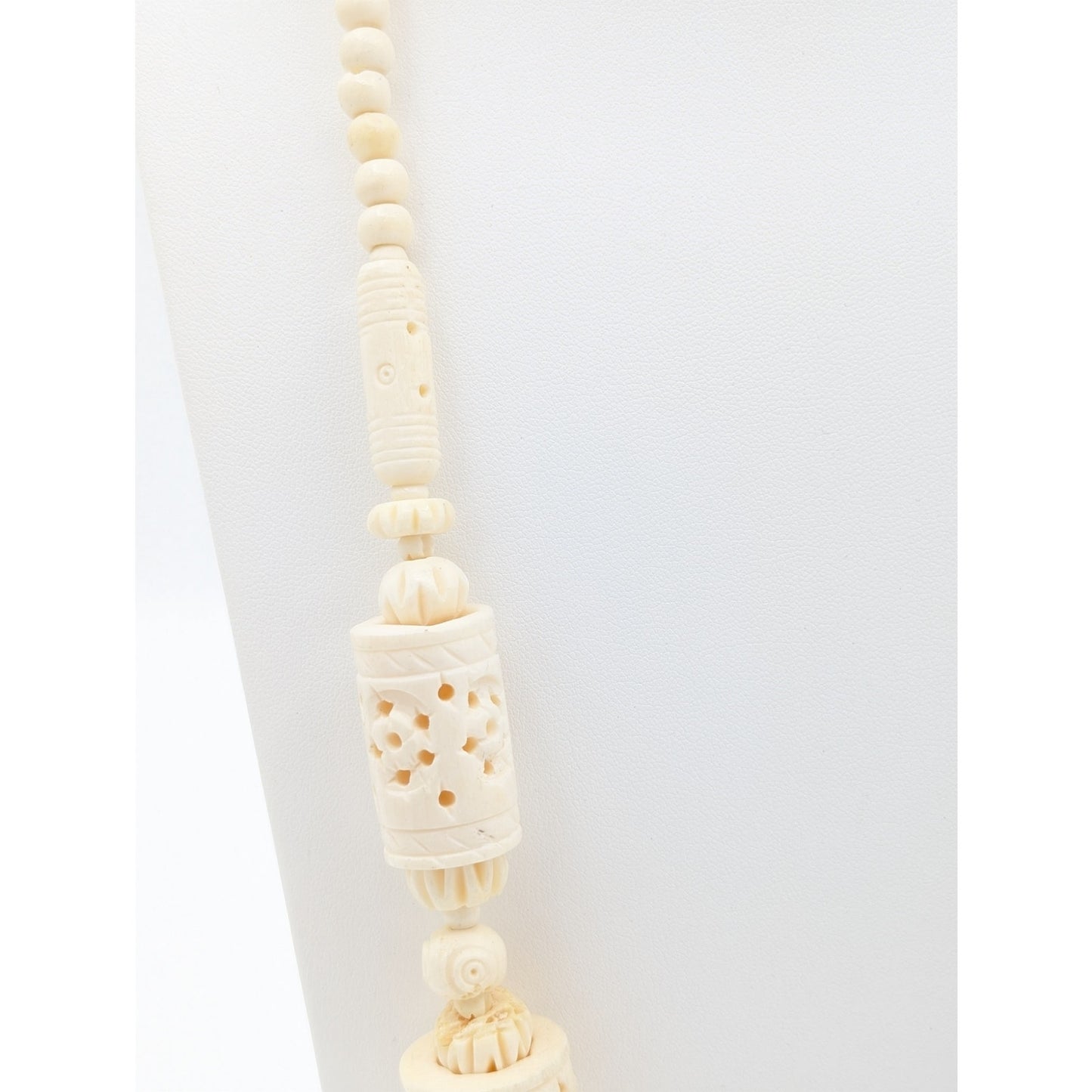 Antique Cream Hand Carved Pierced Bead Barrel Clasp 26" Necklace