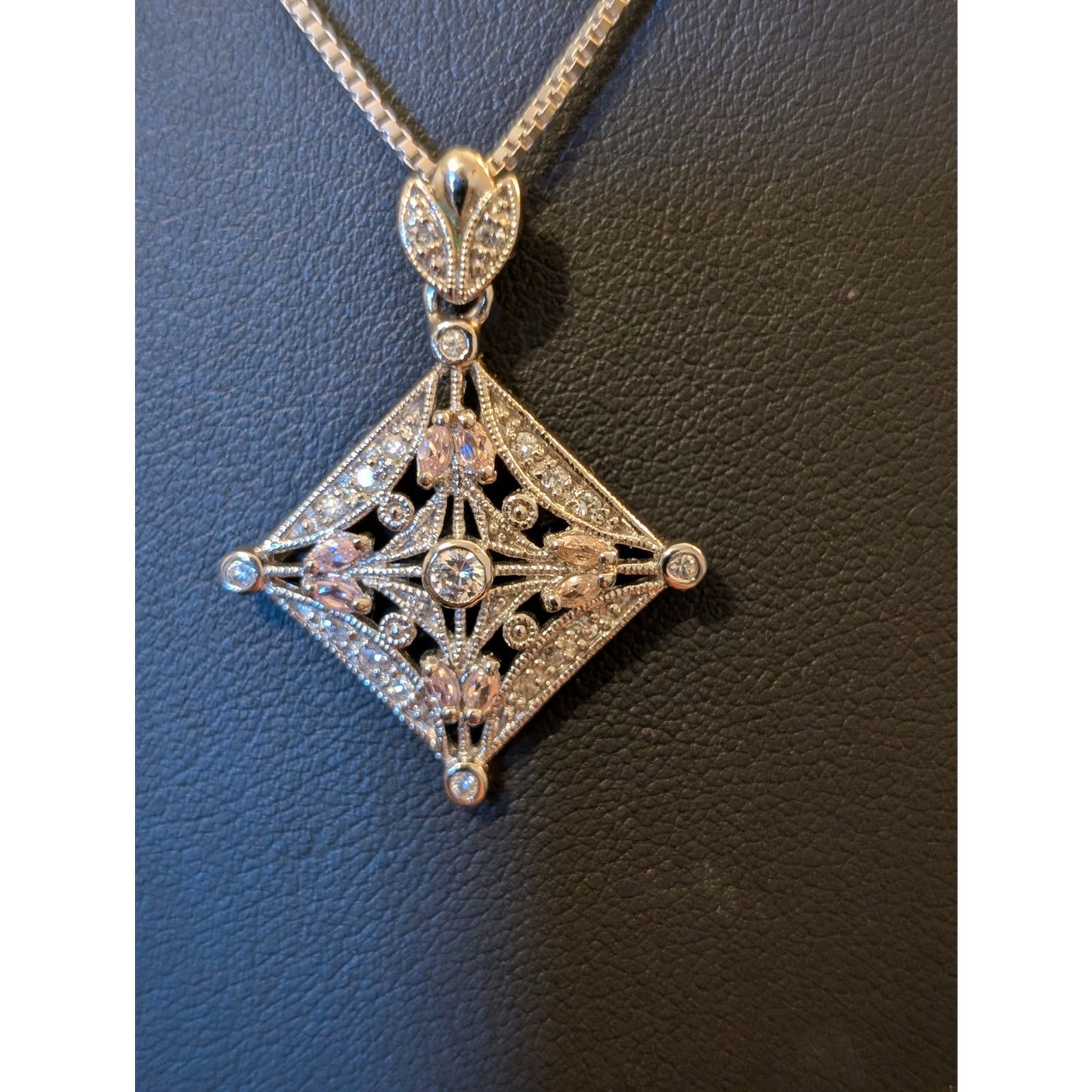 925 Sterling Silver White & Pink CZ Pendant Box Chain 18" Necklace