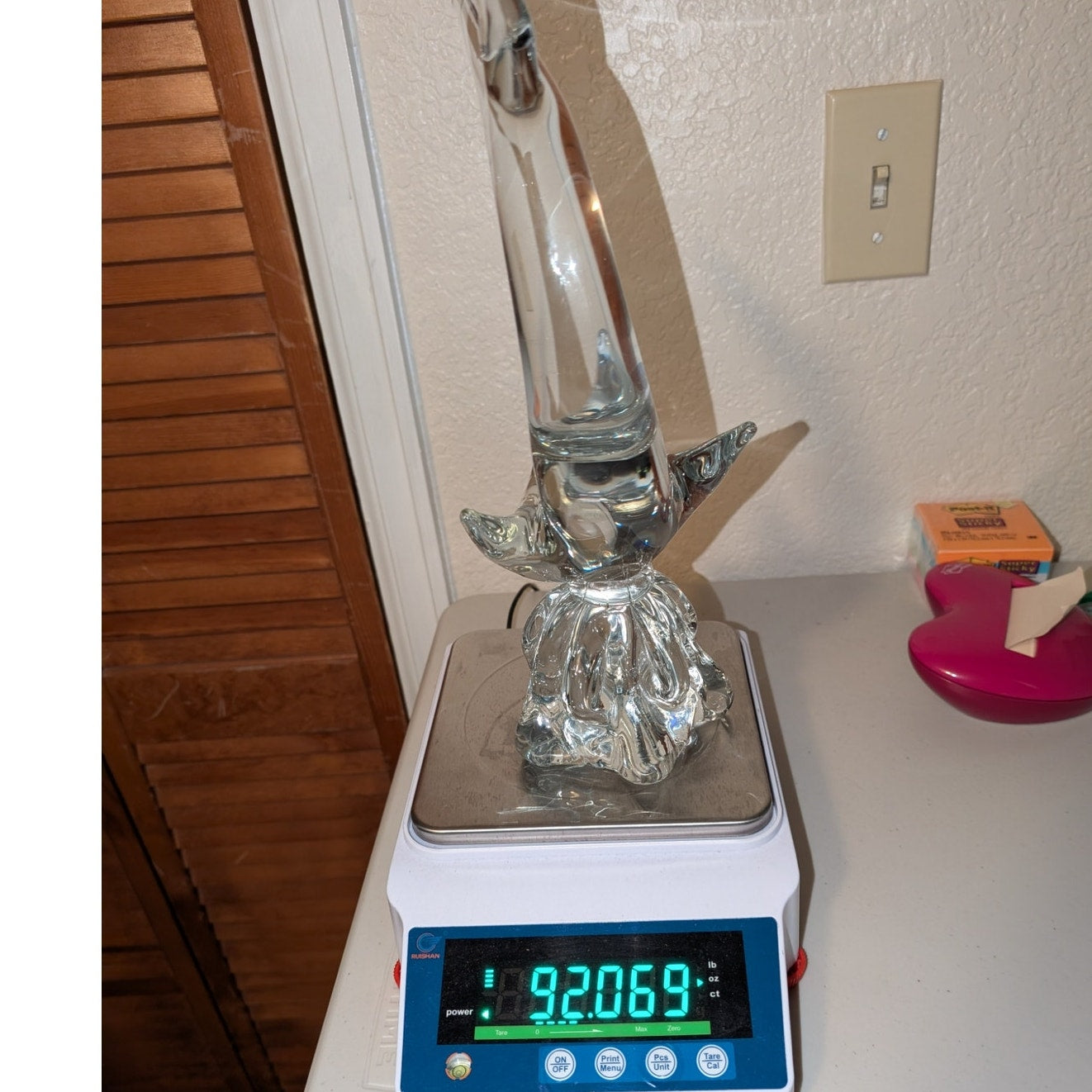 Estate Sale Mid-Century Murano Large Clear Art Glass Shark on Wave Figurine 13"
