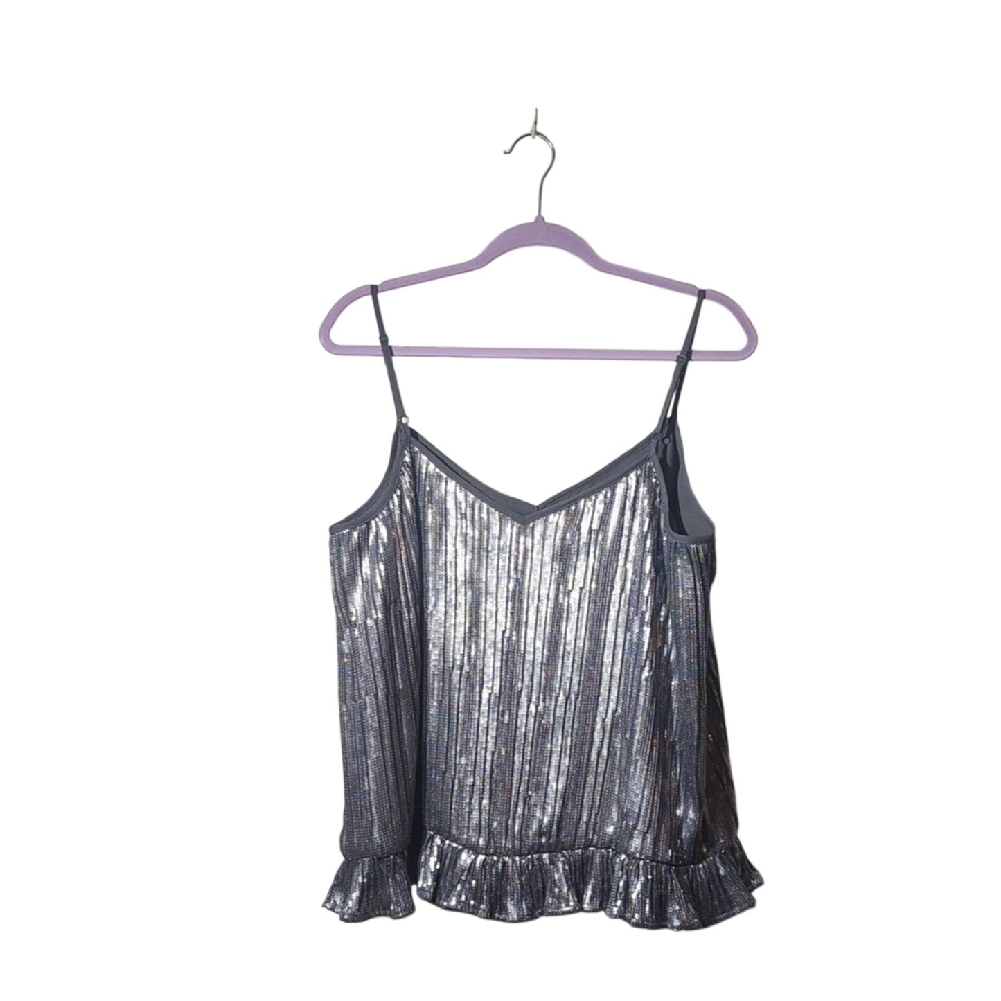 Anthropologie Silver Sequin Ruffle Hem Cami Top Women's Size 14