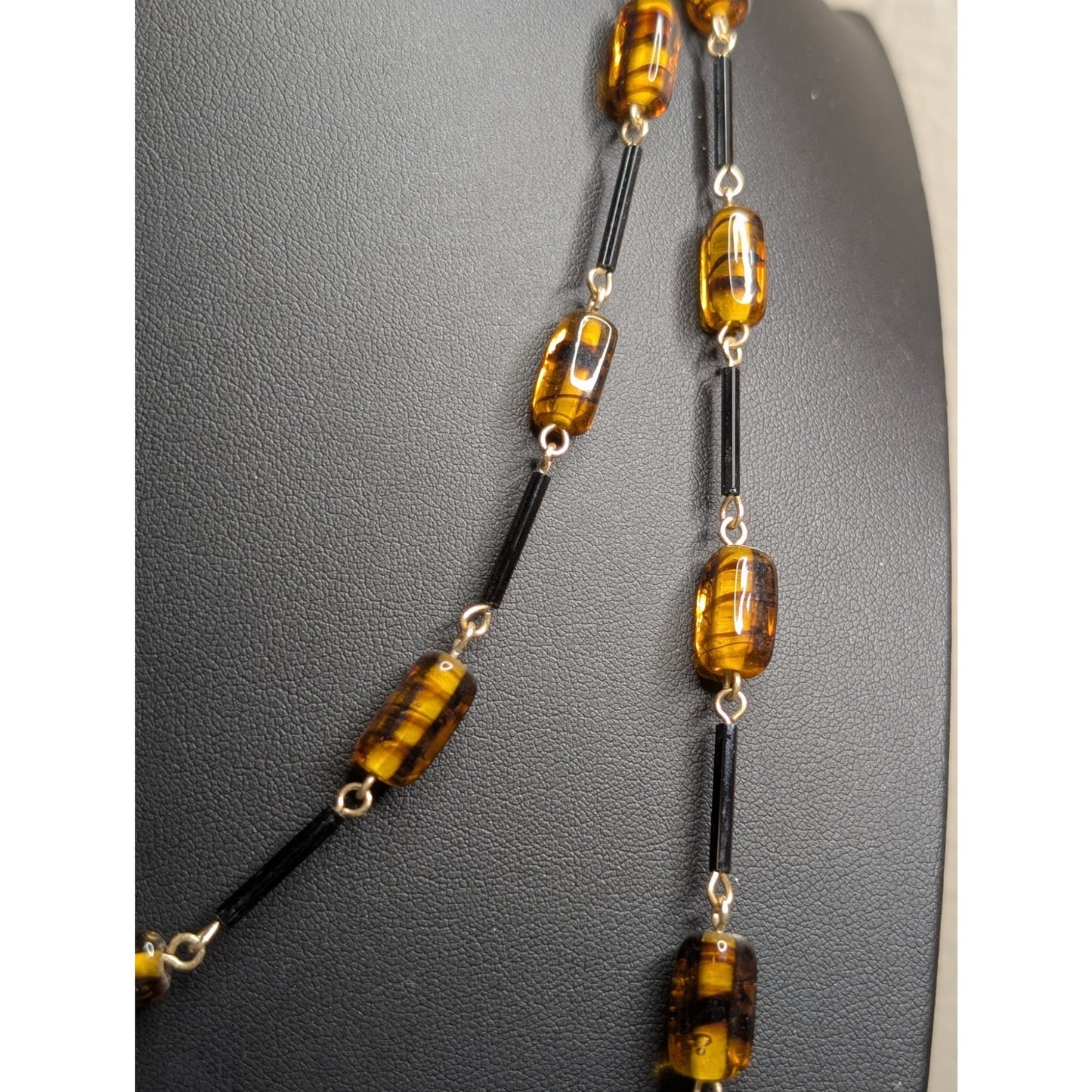 Vintage Amber Glass Black Bar Beaded 54" Long Necklace