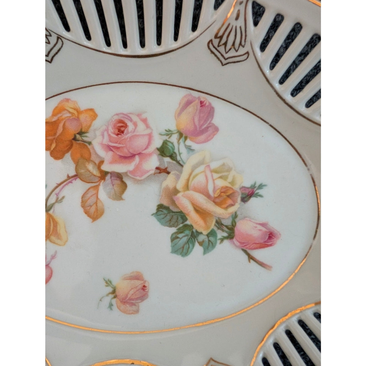 Vintage German Porcelain Pierced Lattice Rose Floral Bread Serving Bowl