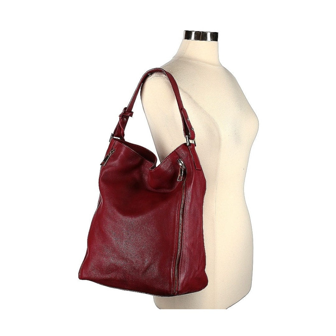 Varriale Dark Red Italian Leather Double Front Gold Zipper Bucket Shoulder Bag