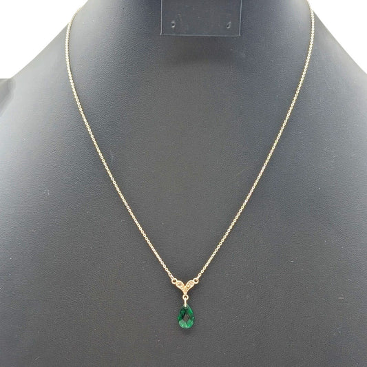 925 Sterling Silver Green Crystal Teardrop CZ 'Y Drop' Pendant 19" Necklace