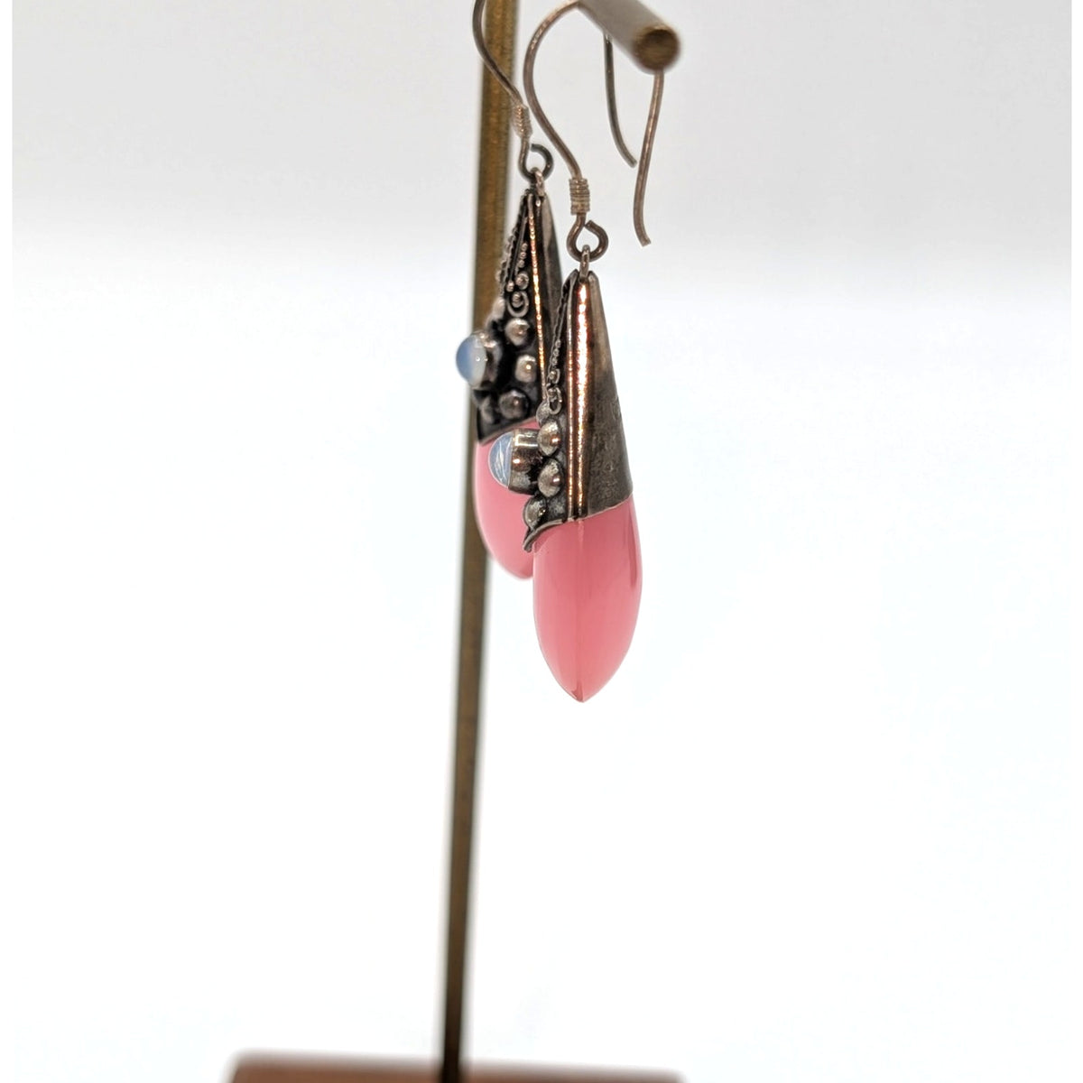 Vintage 925 Sterling Silver Pink Opalite Dangle Tribal Balinese Earrings