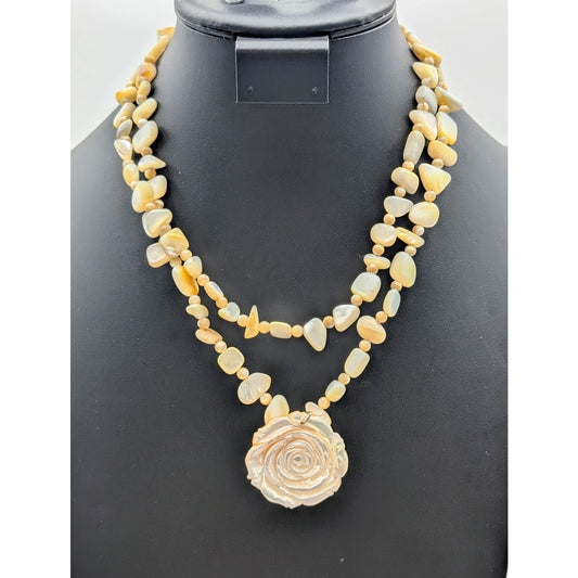 Vintage 925 Sterling Mother of Pearl Two Strand Bead Rose Pendant Necklace