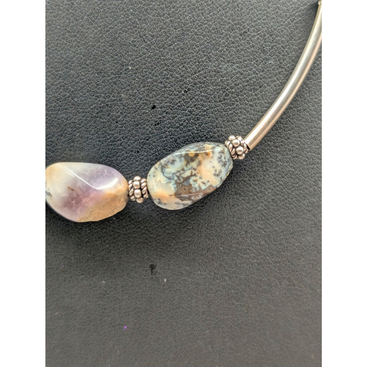 925 Sterling Silver Three Agate Stone Curved Bar Bead Chain 14"-16" Necklace