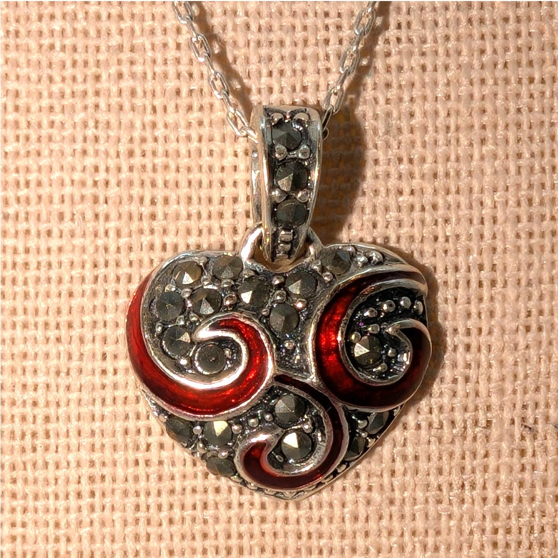 925 Sterling Silver Red Enamel Swirl Marcasite Heart Pendant Necklace