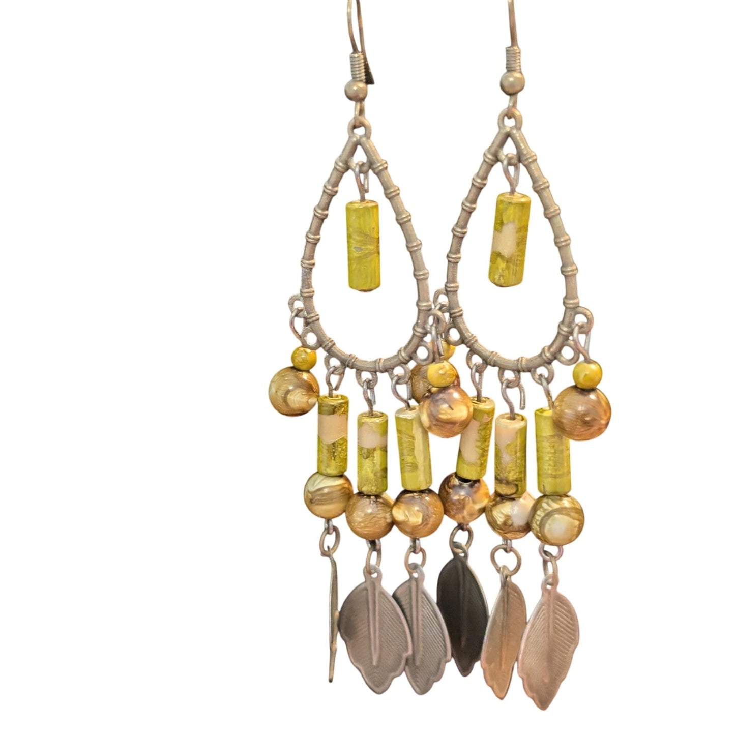 Vintage Boho Green Bead Leaf Dangle Antique Metal Earrings