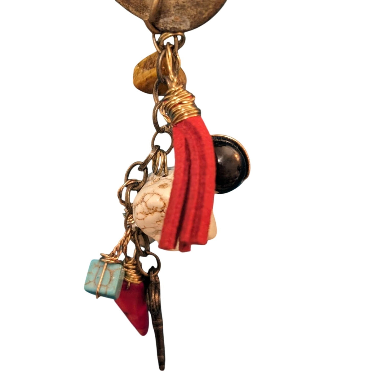 Artisan Cord with Heart, Stone, Tassel, Key and Other Charms Cluster Necklace