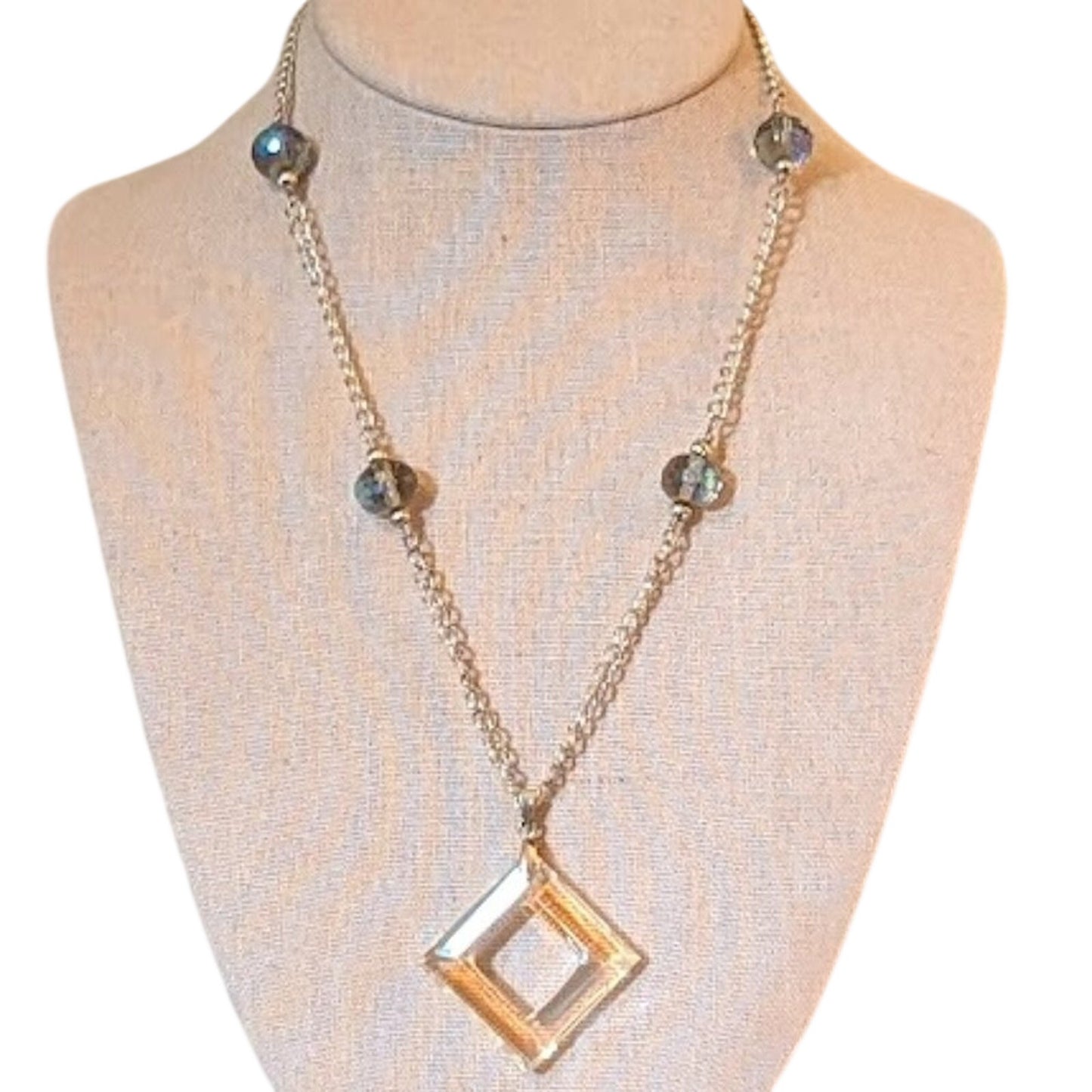 Cut Out Diamond Shape Pendant Blue AB Crystal Beads Silver Tone Chain  Necklace