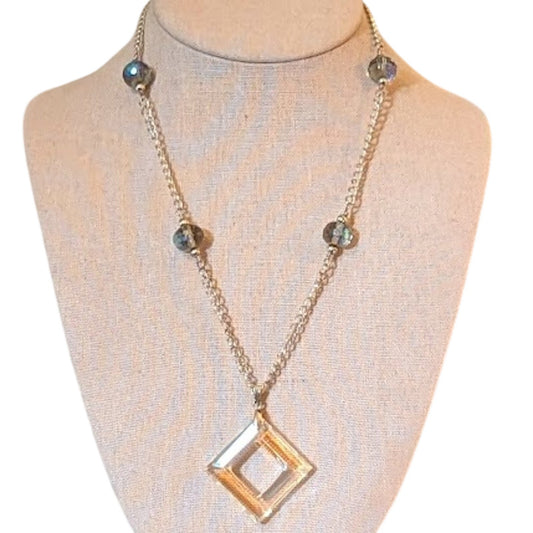 Cut Out Diamond Shape Pendant Blue AB Crystal Beads Silver Tone Chain  Necklace