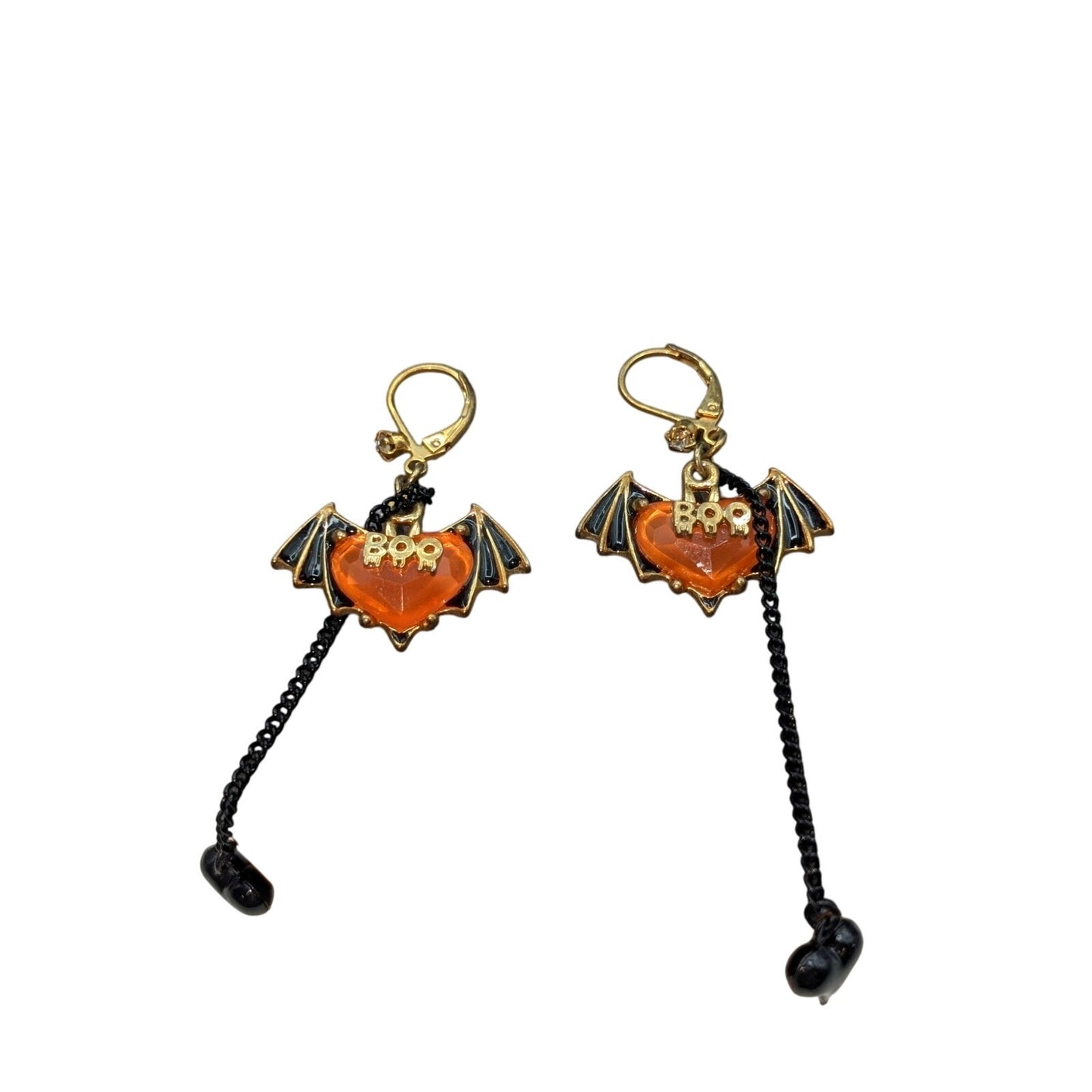 Vtg Betsey Johnson Vampire Slayer Bat Wings Winged Orange Heart Boo Earrings