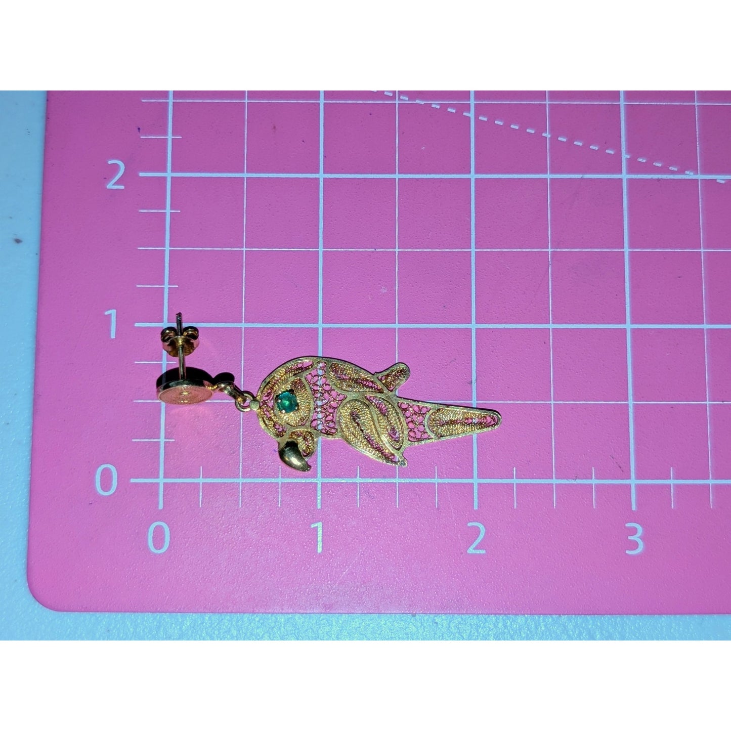 24K Gold Plated Artisan Created Filigree Parrot Dangle Pierced Earrings