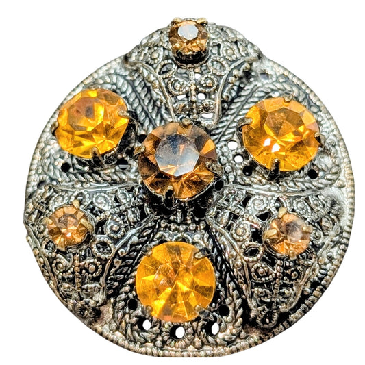 Vintage Citrine & Brown Czech Glass Silver Tone Filigree Brooch