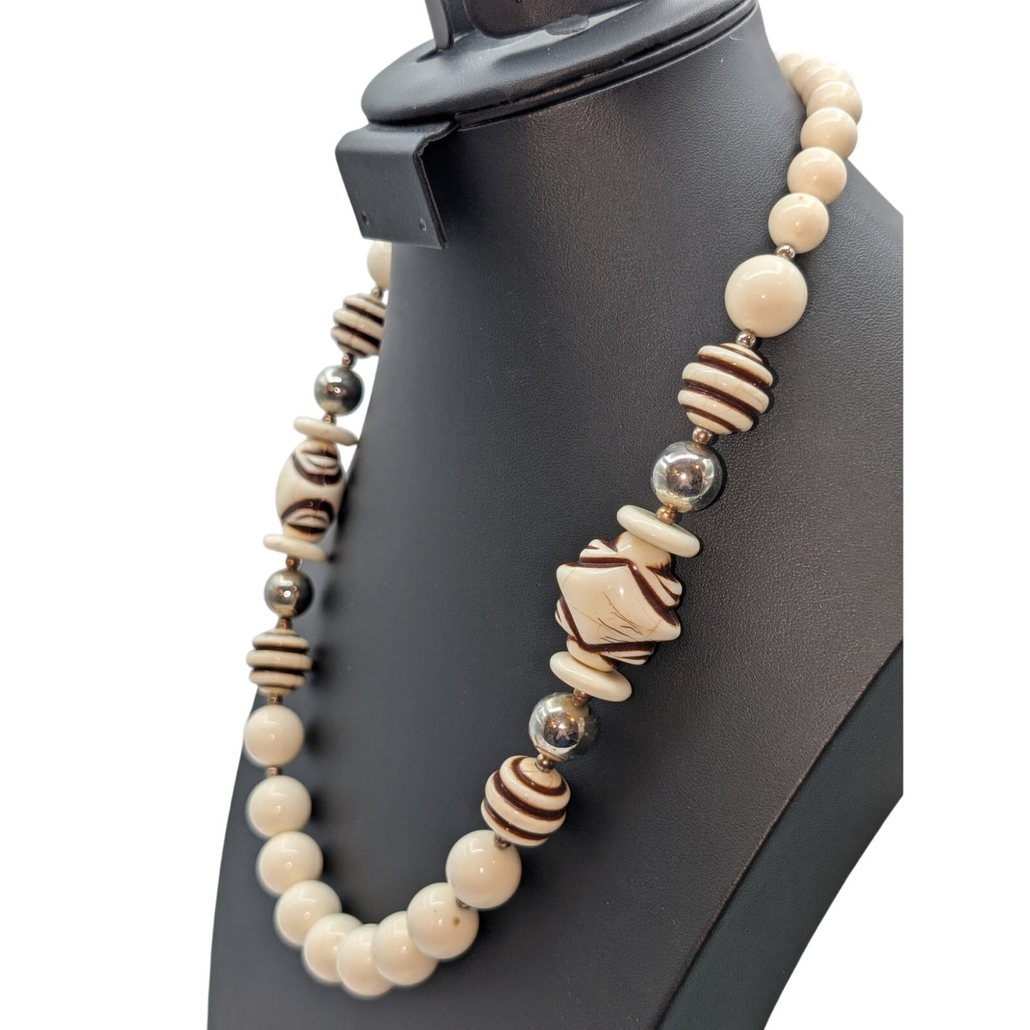 Vintage Cream Brown Stripe Silver Tone Beaded 25" Necklace