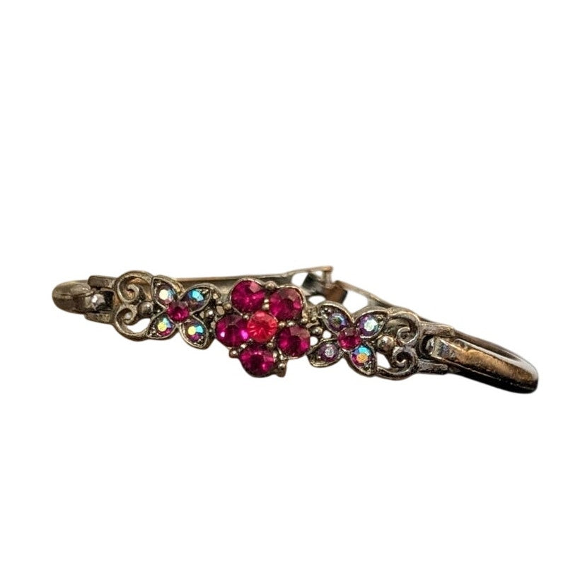 Vintage Floral Crystal Fold Over Clasp Three Piece Bangle Bracelet