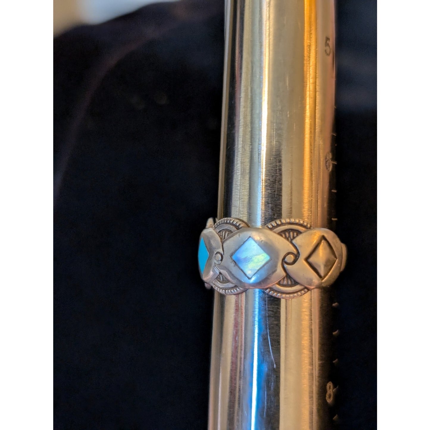 Vintage Signed 925 Sterling Turquoise & MOP Diamond Inlay Band Ring Size 6.75