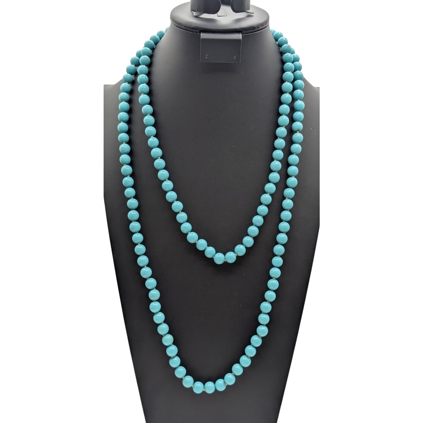 VTG Crown Trifari 10mm Turquoise Color Acrylic & Silver Tone Beaded 60" Necklace