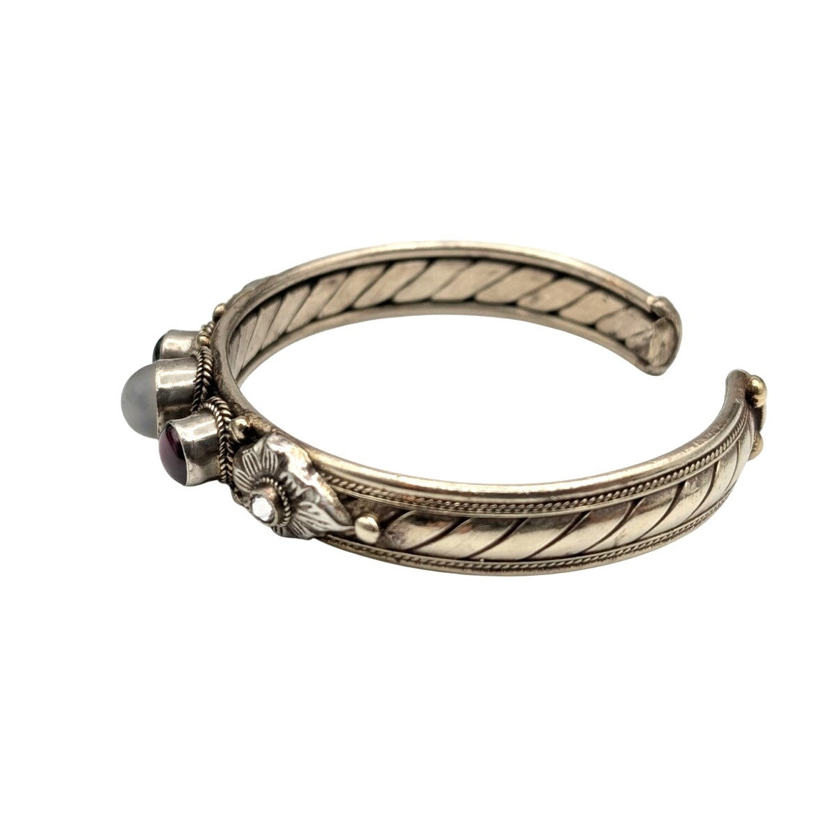 Vintage 70s Silver Metal Semi-Precious Stones India Cuff Bracelet