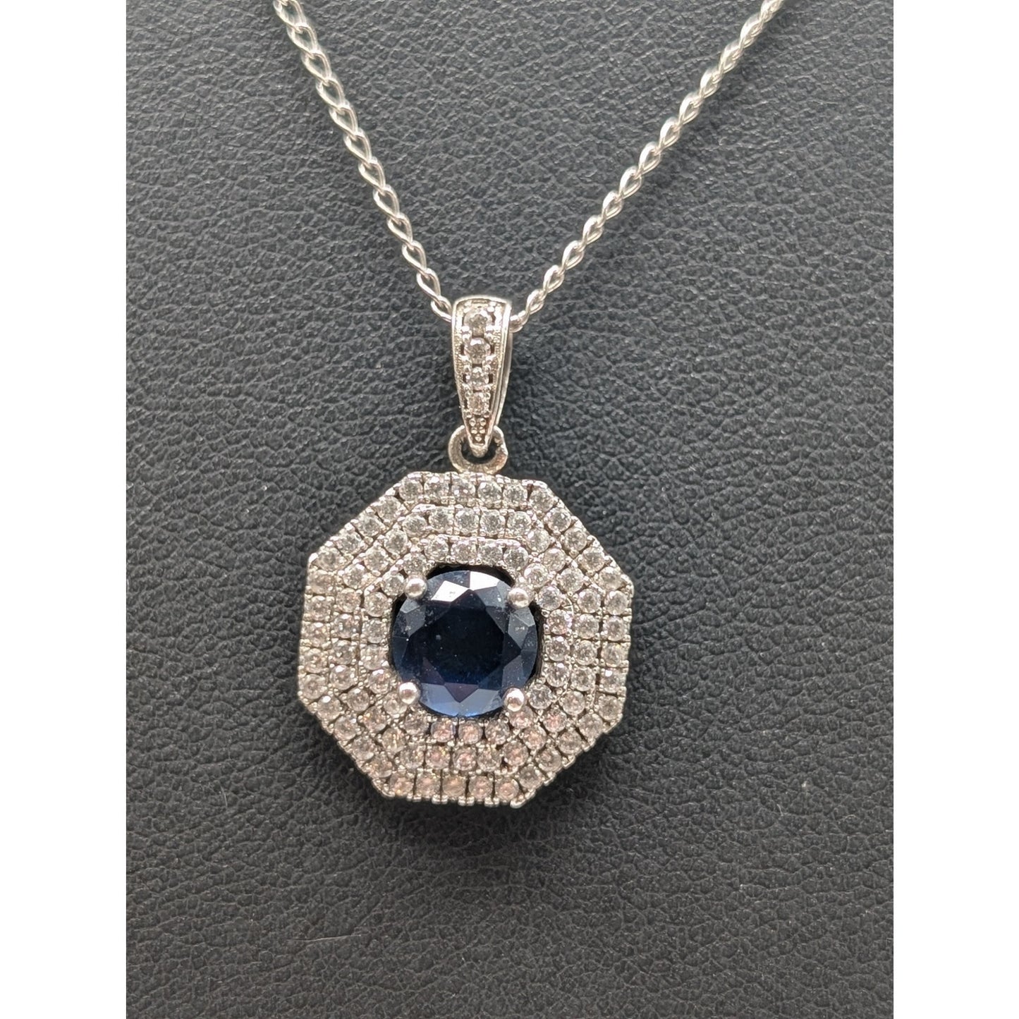 925 Sterling Silver Sapphire & Clear CZ Pendant 16.75" Necklace