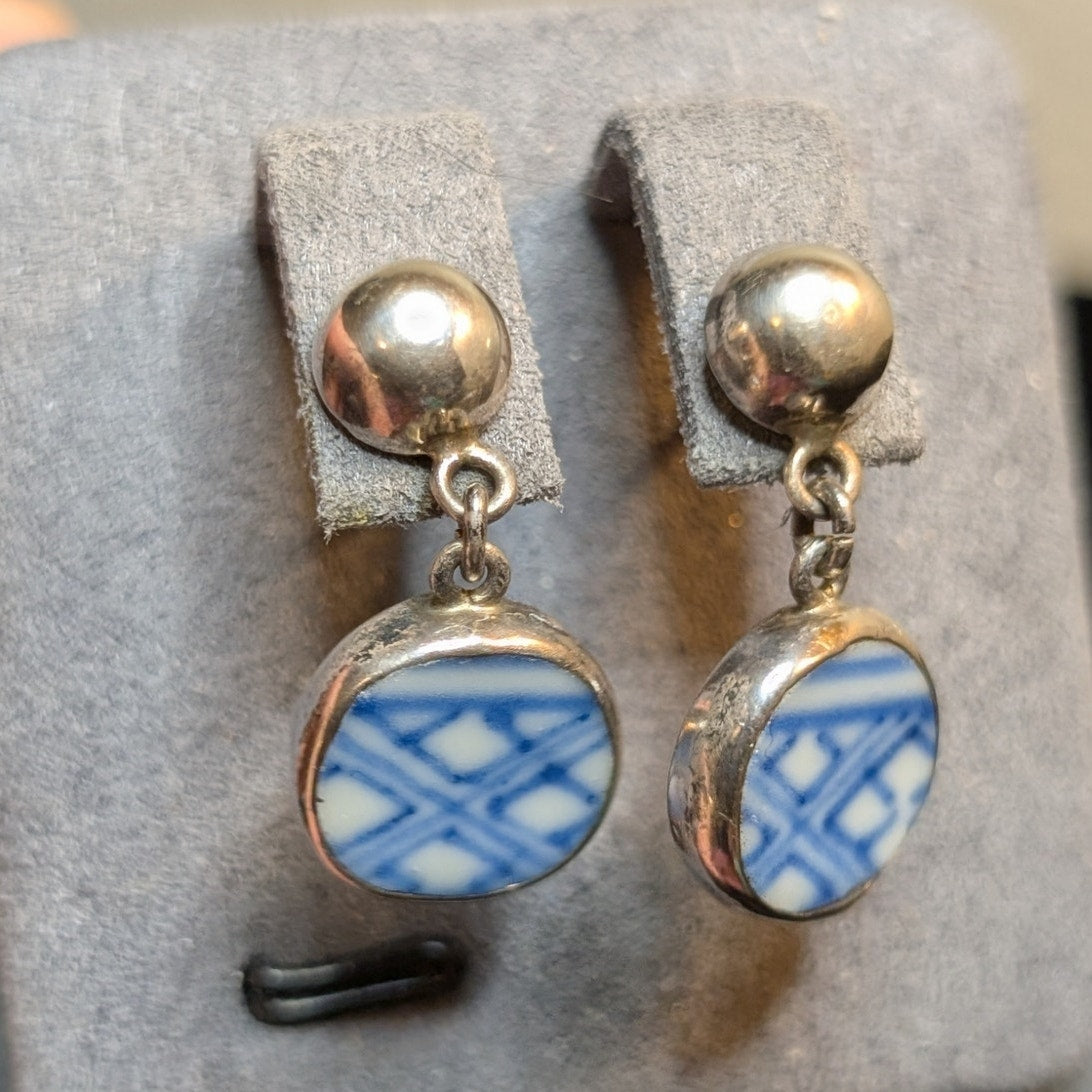 Vintage Minton Pottery Sterling Silver Ball Post Dangle Earrings