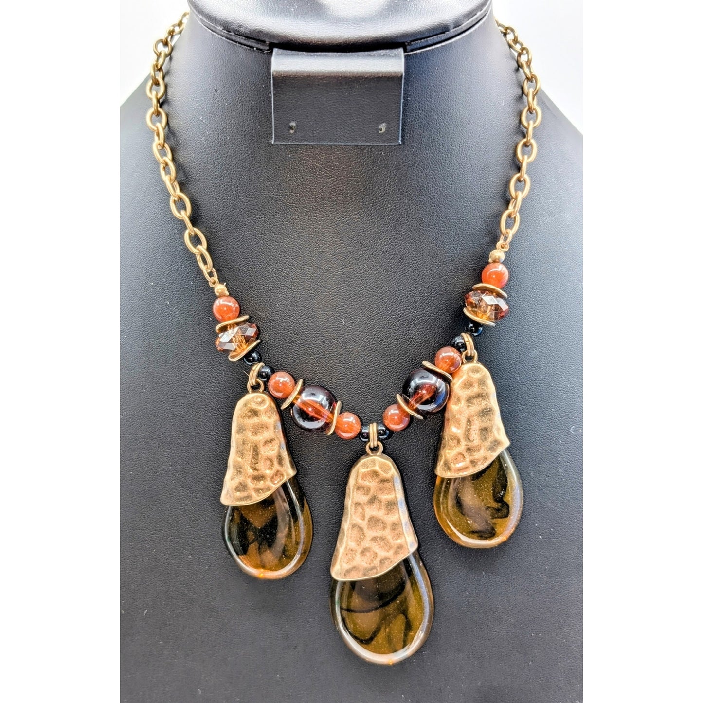 Gold Tone Three Large Amber Look Lucite Teardrop Dangles Beaded Chain Necklace