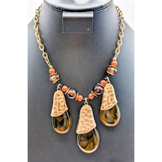 Gold Tone Three Large Amber Look Lucite Teardrop Dangles Beaded Chain Necklace