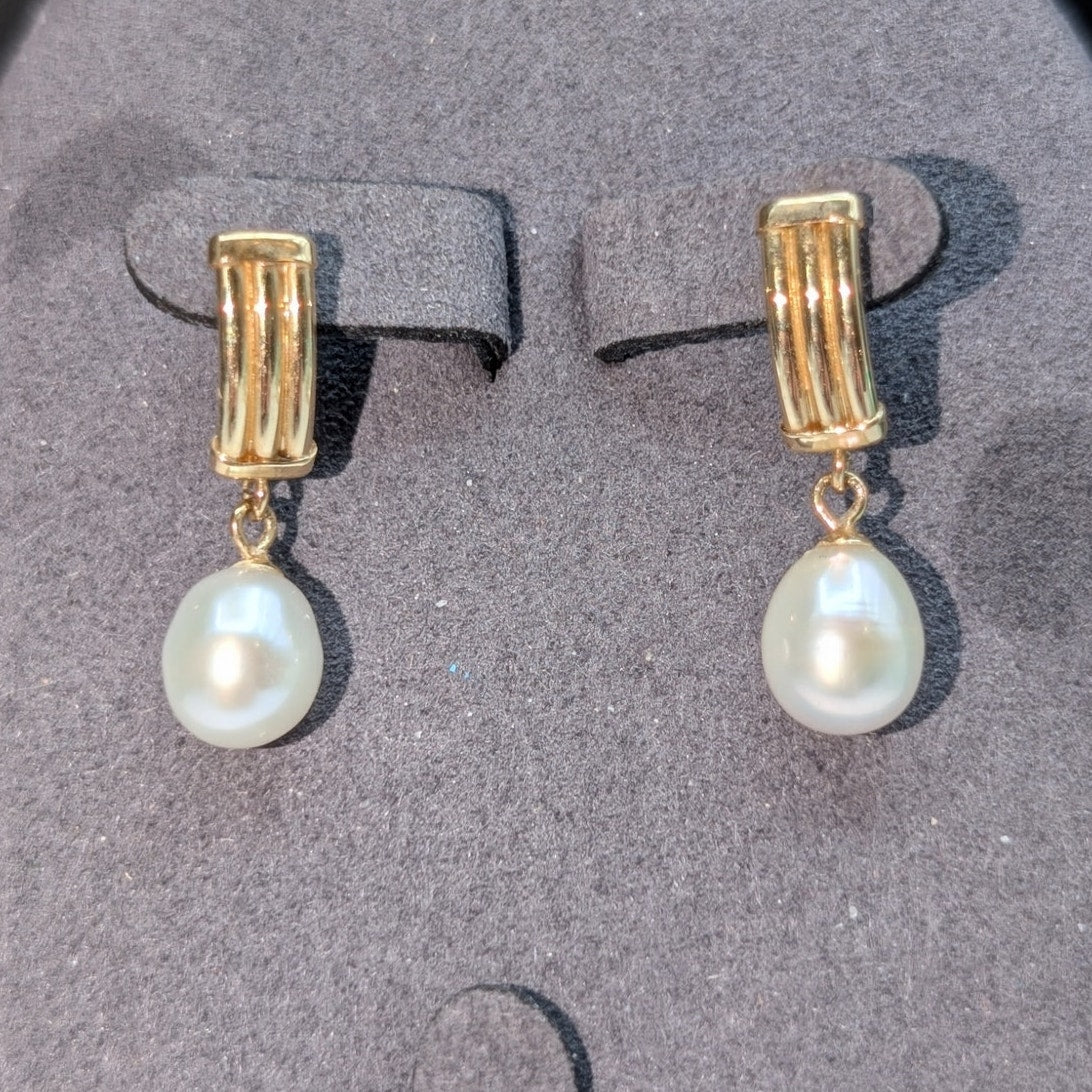 Classic Timeless Marked & Tested 14K Yellow Gold & Pearl Dangle Post Earrings