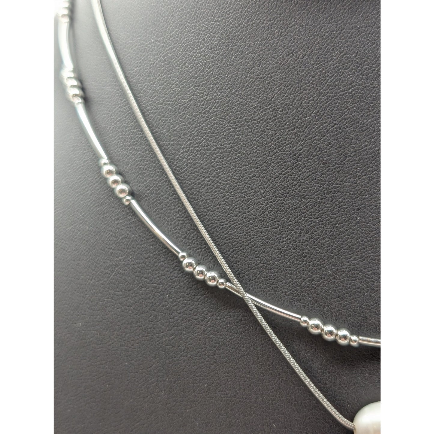 Lot of Two Silver Tone Necklaces -- Napier Bead Curved Bar & Pearl Bead Chain