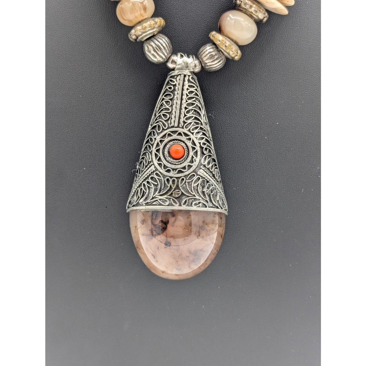 Vintage Tribal Tibetan Heavy Chunky Pendant Beaded 21" Long Necklace