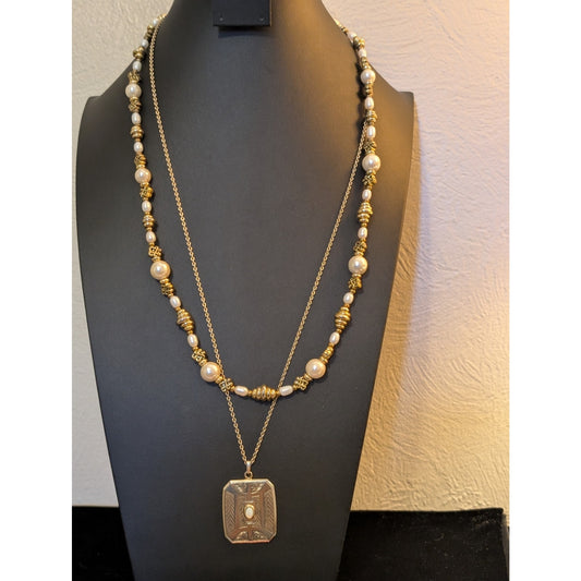 Lot of Two Gold Tone Necklaces Faux Pearl Gold Bead & Sarah Cov Opalite Pendant
