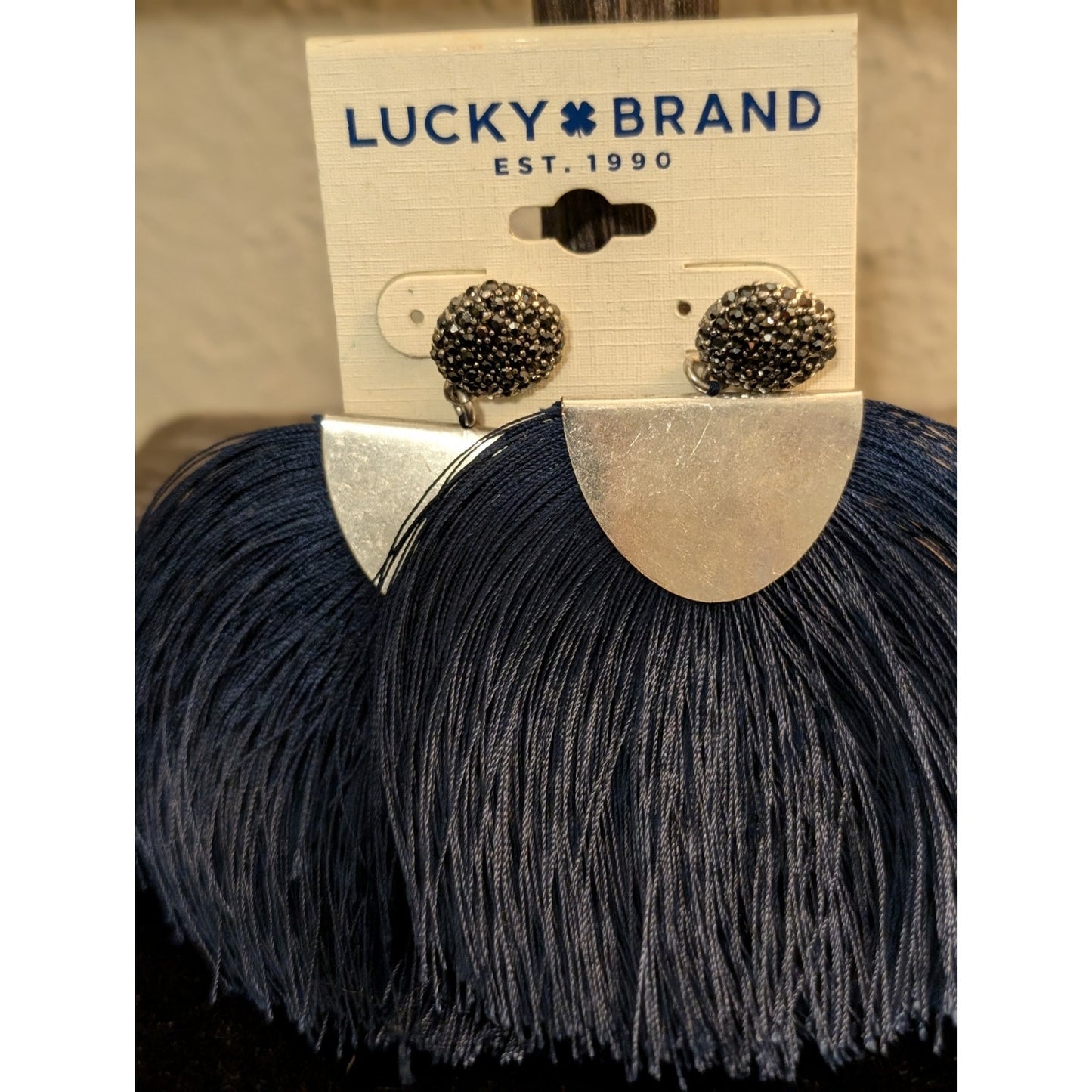 NWT Lucky Brand Silver Tone Blue Rhinestone Tassel Pierced Earrings