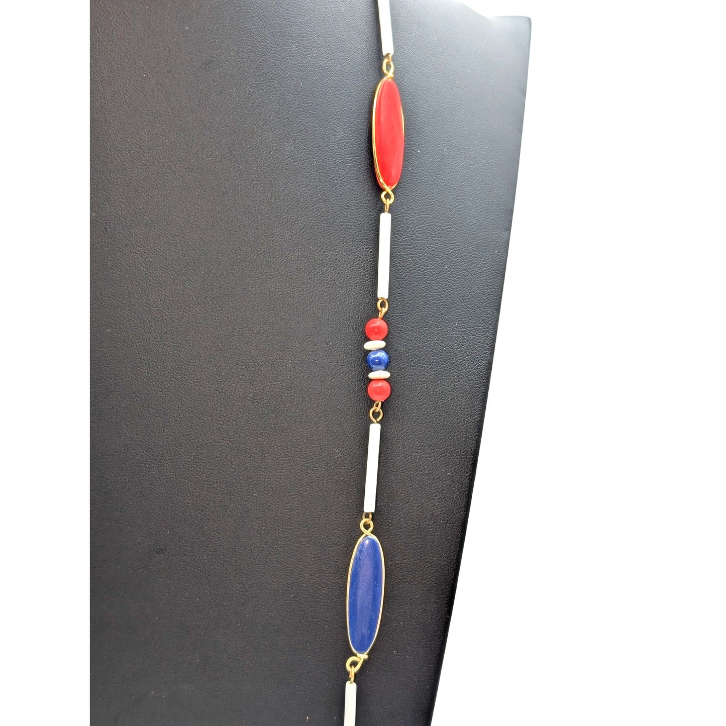 Vintage Red White Blue Multi Shape Long Acrylic Beaded Necklace
