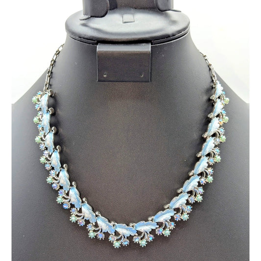 Vintage 50s Blue Leaf AB Crystal Pearl Silver Tone Hook Clasp 19" Chain Necklace