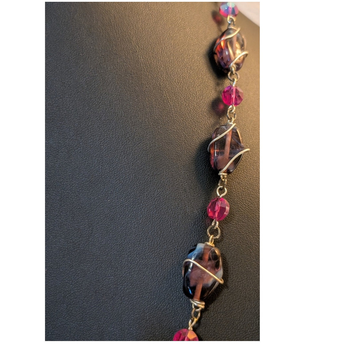 VTG Purple Wire Wrapped Glass Bead & Pink AB Crystal Bead Silver Tone Necklace