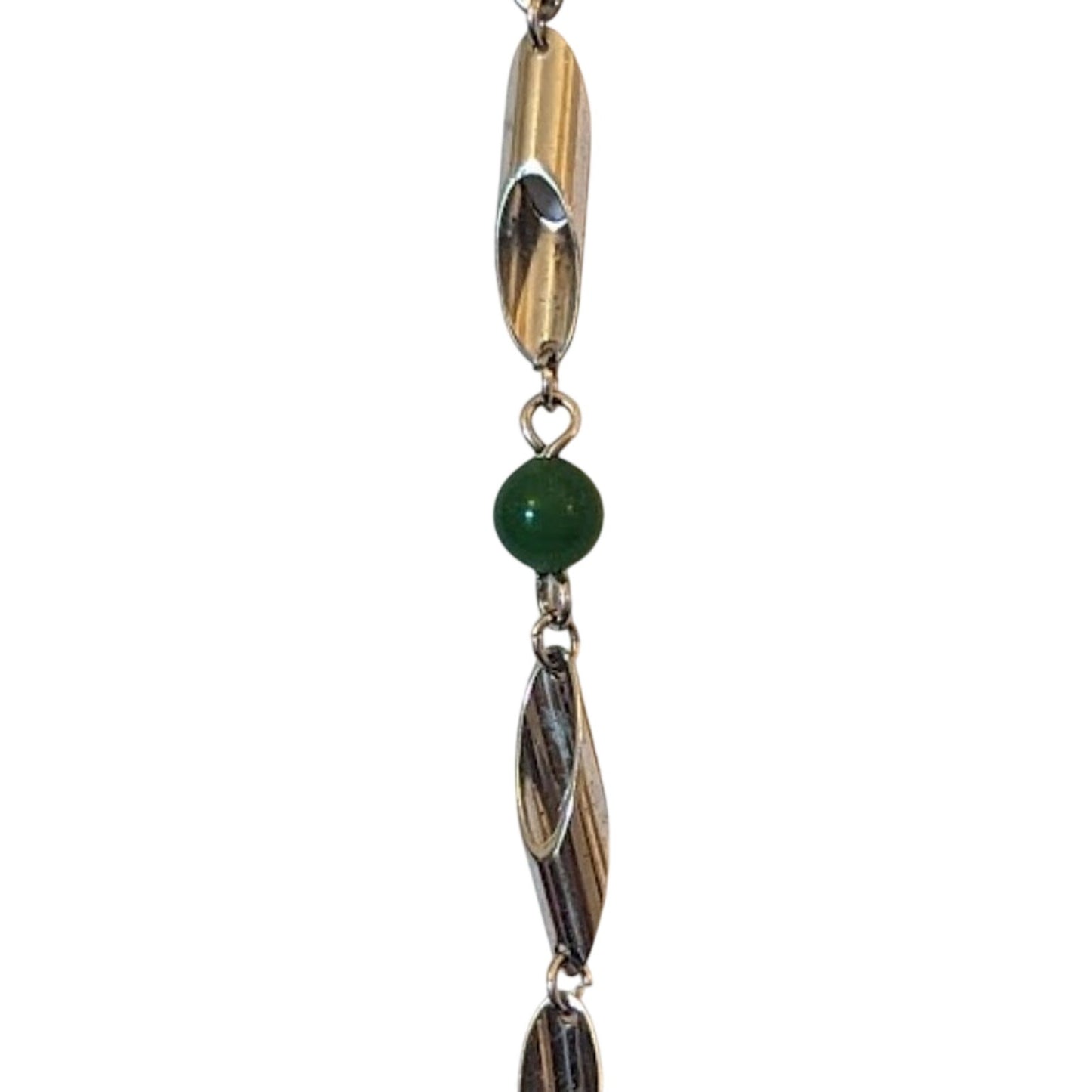 Vintage Barrel Clasp Silver Tone Tubular Green Bead Lightweight 30" Necklace