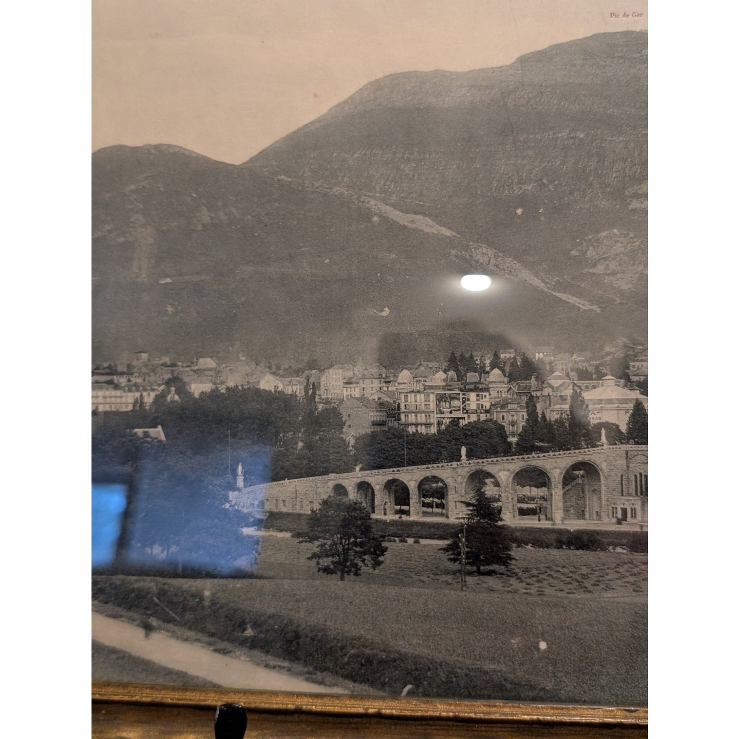 Antique/Vintage East to West Black & White Framed Picture of Lourdes Under Glass