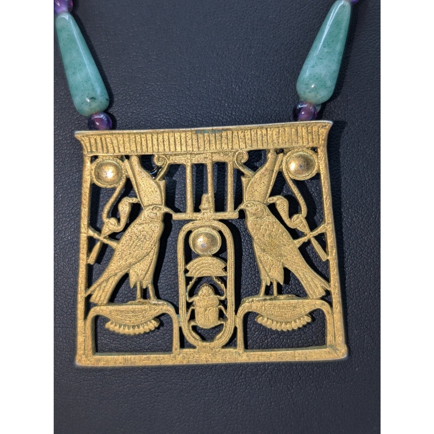 Vintage MMA 1976 Egyptian Scarab Falcon Gold Tone Pectoral Stone Bead Necklace