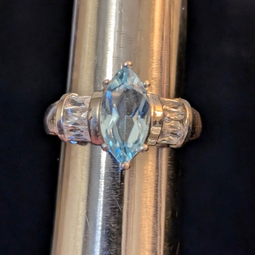 925 Sterling Silver Marquis Blue Topaz & Baguette CZs Ring Sz 6.75