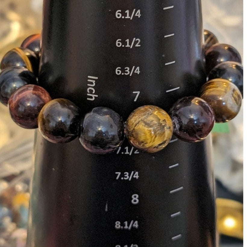14mm Blue, Red and Gold Yellow Tiger Eye Beaded Stretch Bracelet