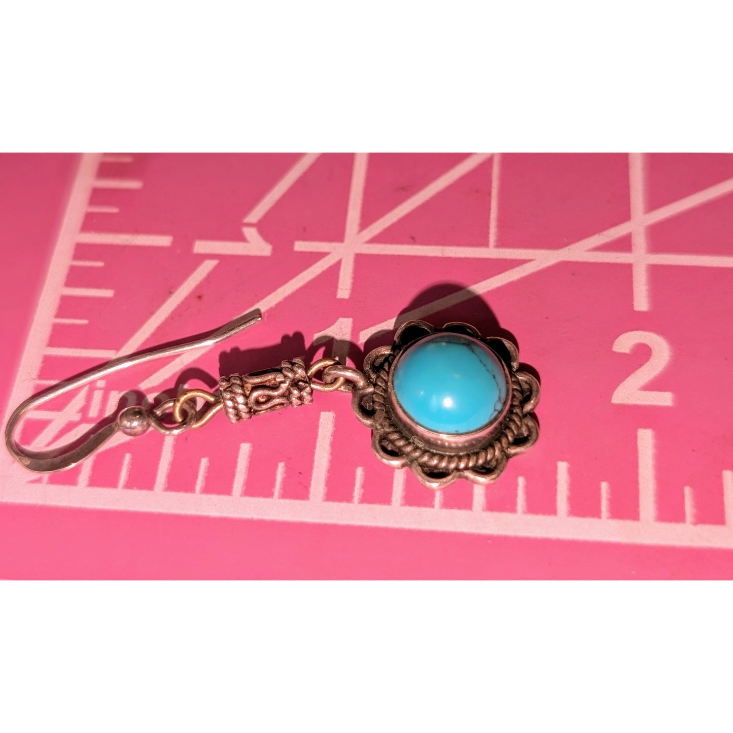 Vintage 925 Sterling Silver Turquoise Flower Bali Design Dangle Earrings