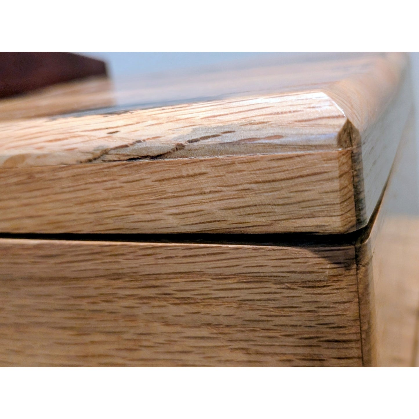 Hand Crafted Hinged Oak Box W/ Purple Heart Wood Handle Approximately 8" X 13.5"